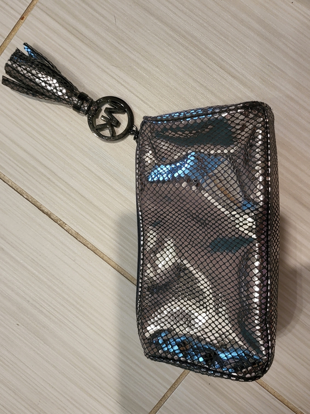 Michael Kors Metallic Snake-Embossed Cosmetic Pouch in Silver - Picture 3 of 9